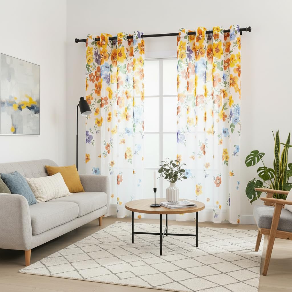 L.Z.E Lot de 2 Rideaux Transparents à œillets pour Salon - Motif Floral - Aspect Lin - 245 cm de Long - Orange et Bleu