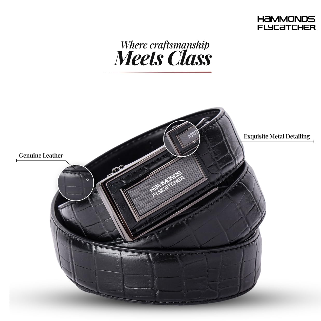 HAMMONDS FLYCATCHER Genuine Leather Belt for Men, Premium Leather Belt with Auto Lock mechanism, Mens Belt Leather Branded with Slide Lock, Stylish Hidden Tail Design for Everyday Wear - Croc Black - Image 3 thumbnail