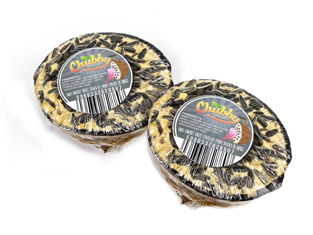 Chubby Suet Half Filled Coconuts Topped with Sunflower Seed Bird Feeder Coconut Halves For Wild Birds, Coconut Shell Suet Birds Food, Suet for Blackbirds, Woodpeckers, Starlings & Sparrows (2 Pack)