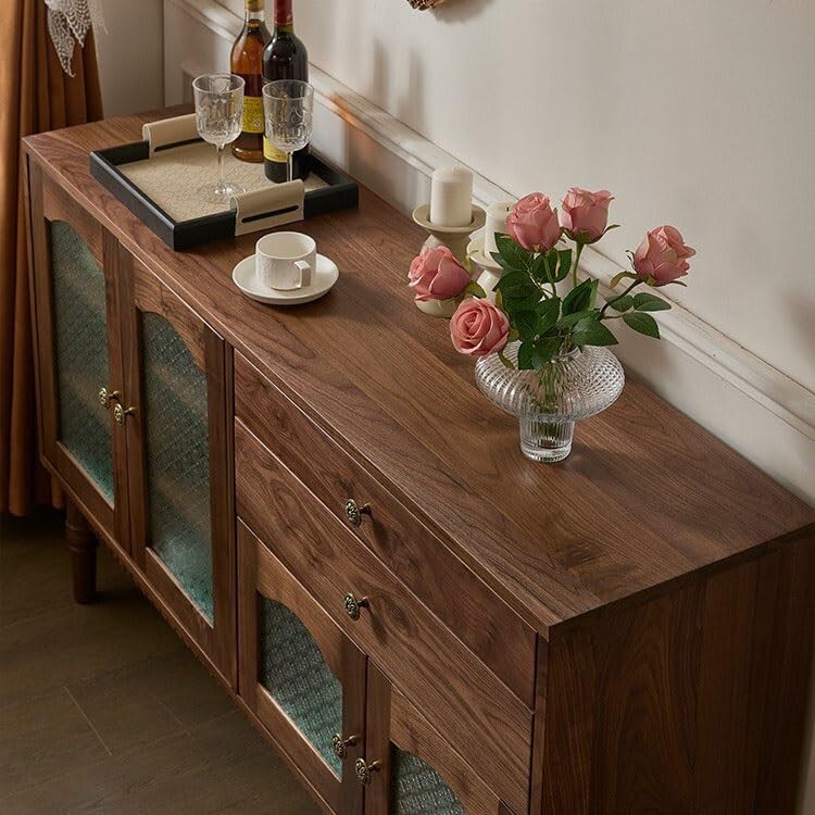 Mueble Buffet Moderno Vitrina de Almacenamiento con cajones Nogal Negro y Vidrio, Estilo Retro for Sala Estar Comedor, contra la Pared