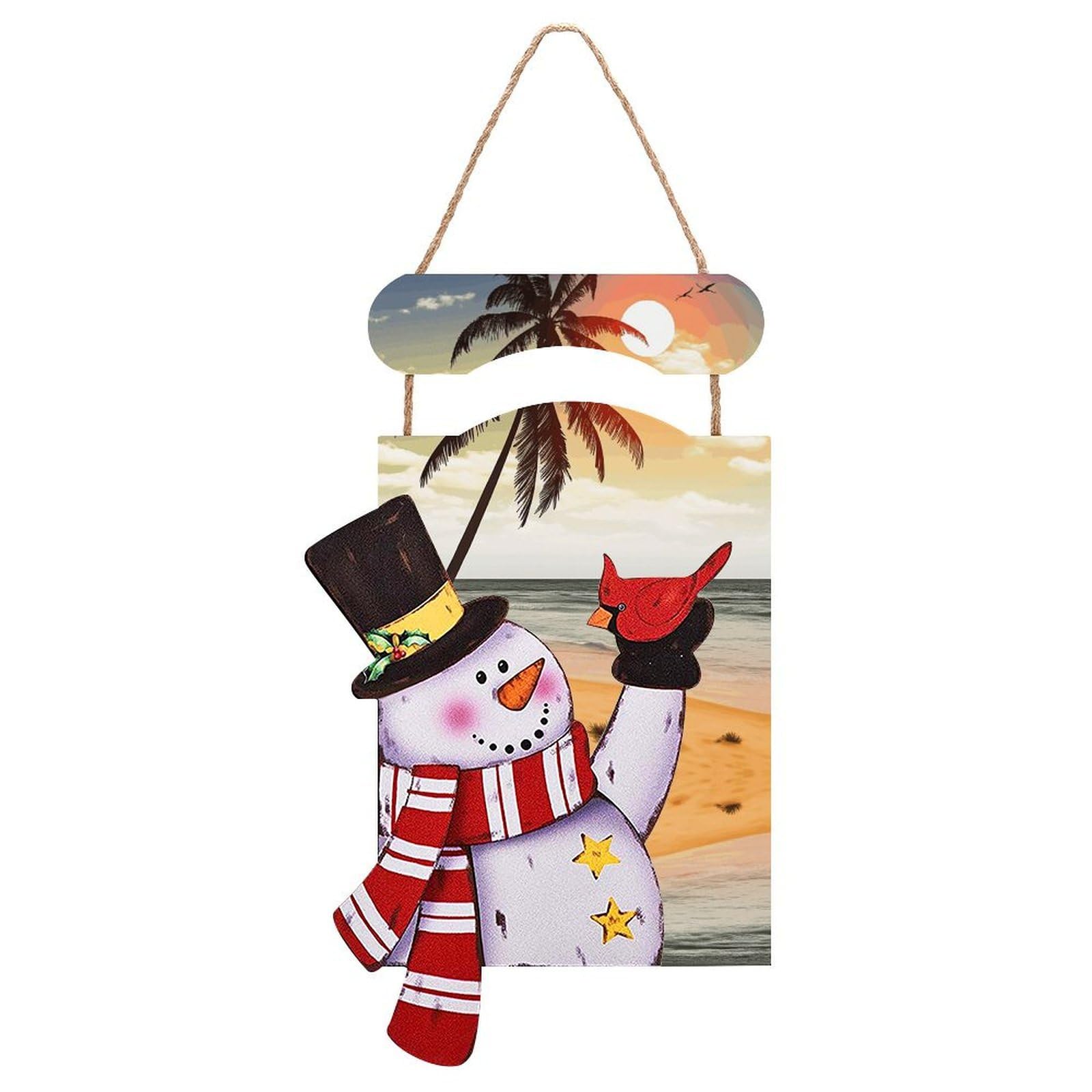 Palm Tree on Beach Snowman Sign Wooden Hanging Door Sign Christmas Door Decor Christmas Snowman Wooden Hanging Sign Wall Art for Indoor Outdoor Porch Wall