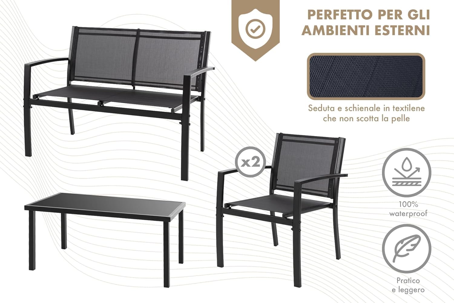 Salotto Da Esterno In Acciaio 2 Poltrone 1 Divano 1 Tavolo Giardino Esterno Con Seduta In Textilene Patio Salottino Relax Primavera Estate Mobili Estivi 4 Posti Tavolo Ripiano In Vetro - Nero