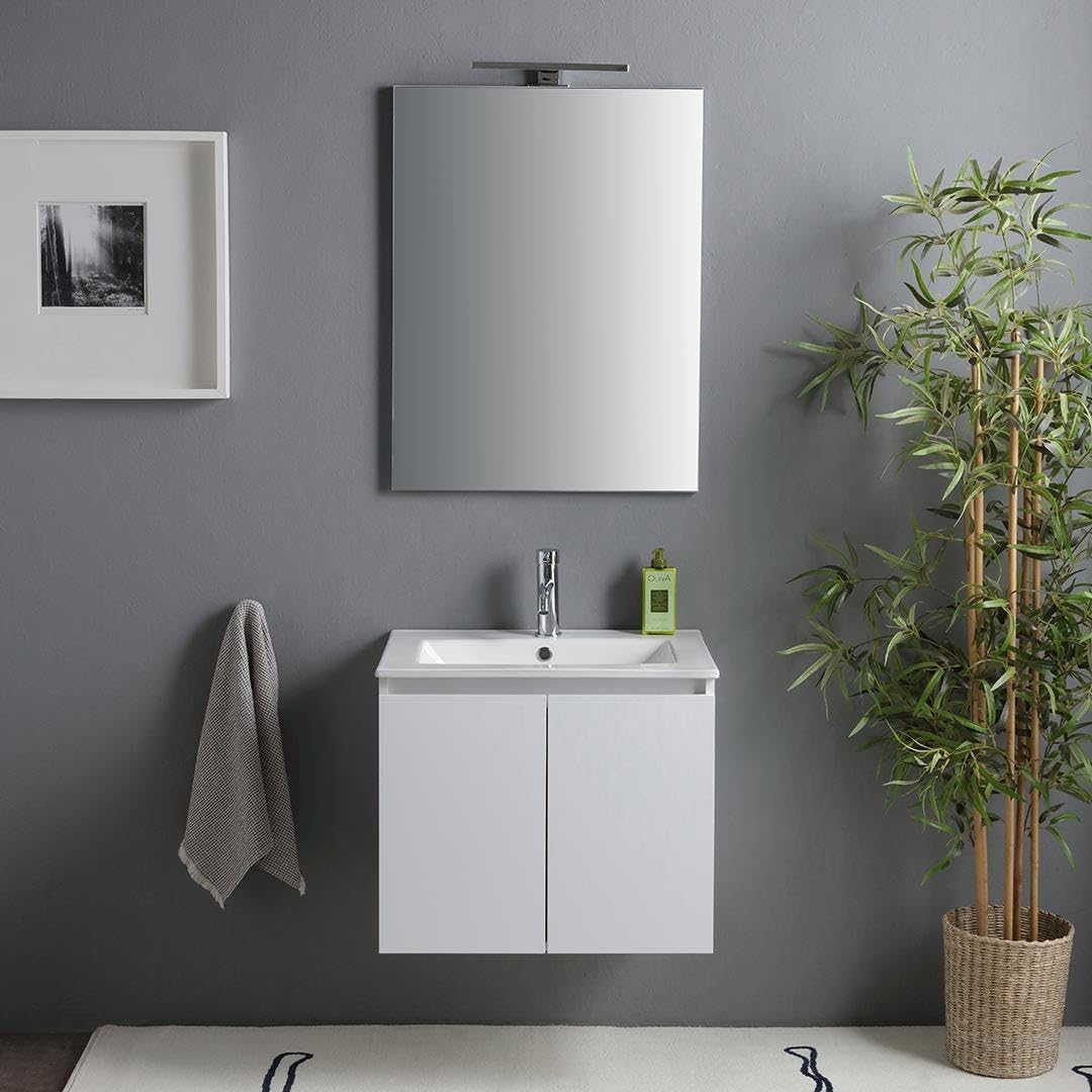 Kiamami Valentina - Mobile bagno sospeso 60cm bianco lucido con lavabo in ceramica e specchio con lampada | Benaco | Mobile già assemblato
