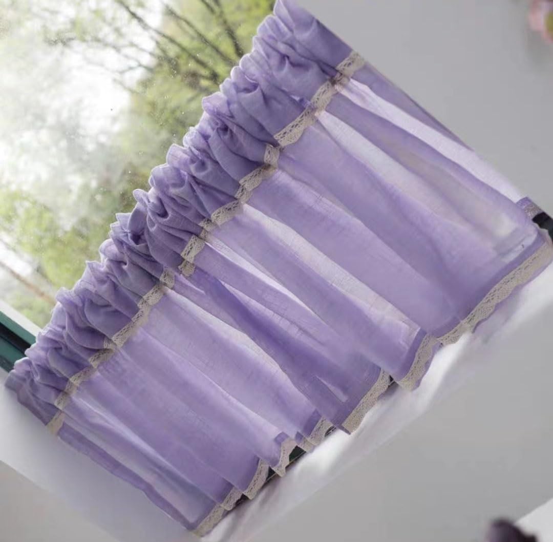 Zasłona Sheer Valance, mała zasłona kuchenna, półprzezroczysta, krótka zasłona z woalu, karnisz, filtrujący światło, karnisz bistro,Krótkie zasłony(Purple,W x H 150x60cm)