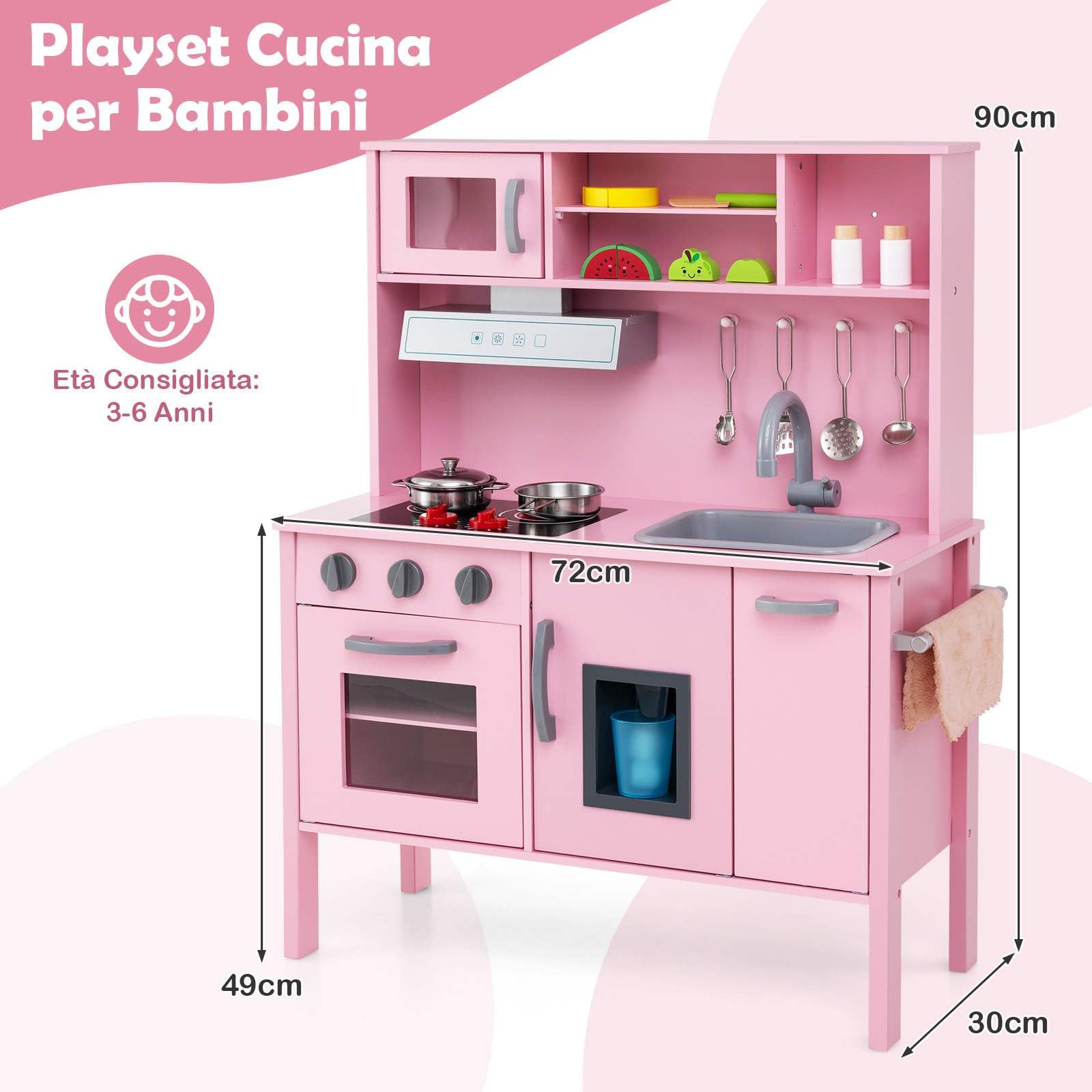 RELAX4LIFE Cucina Giocattolo per Bambini, Gioco Cucina in Legno con Microonde, Forno, Rubinetto, Lavello e 18 PCS Accessori, Mini Cucina per Bambini 3 4 5 6 Anni (Rosa)