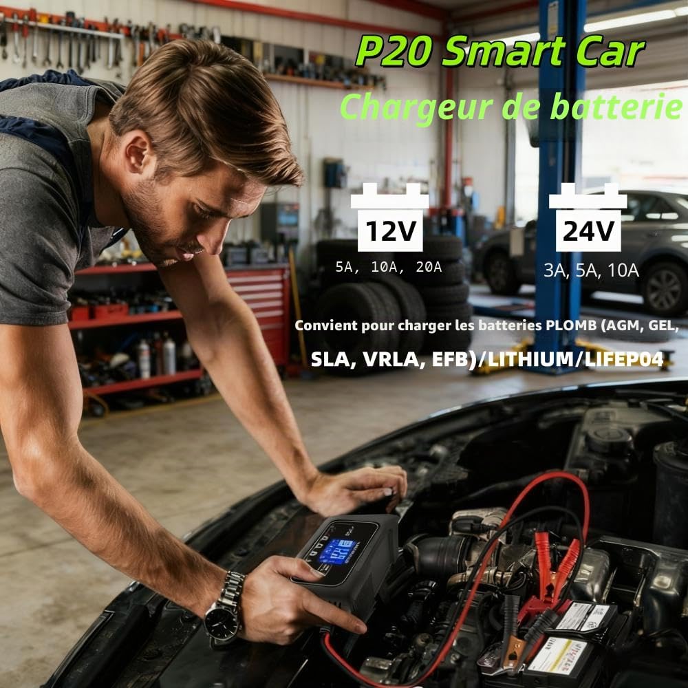 P20 Chargeur Batterie Intelligent 12V/24V, Maintien 20A pour Voitures&Motos | Charge intelligente et entretien batterie pour véhicules,4 modes pour batteries Lithium, AGM, plomb et LiFePO4 avec écran LCD