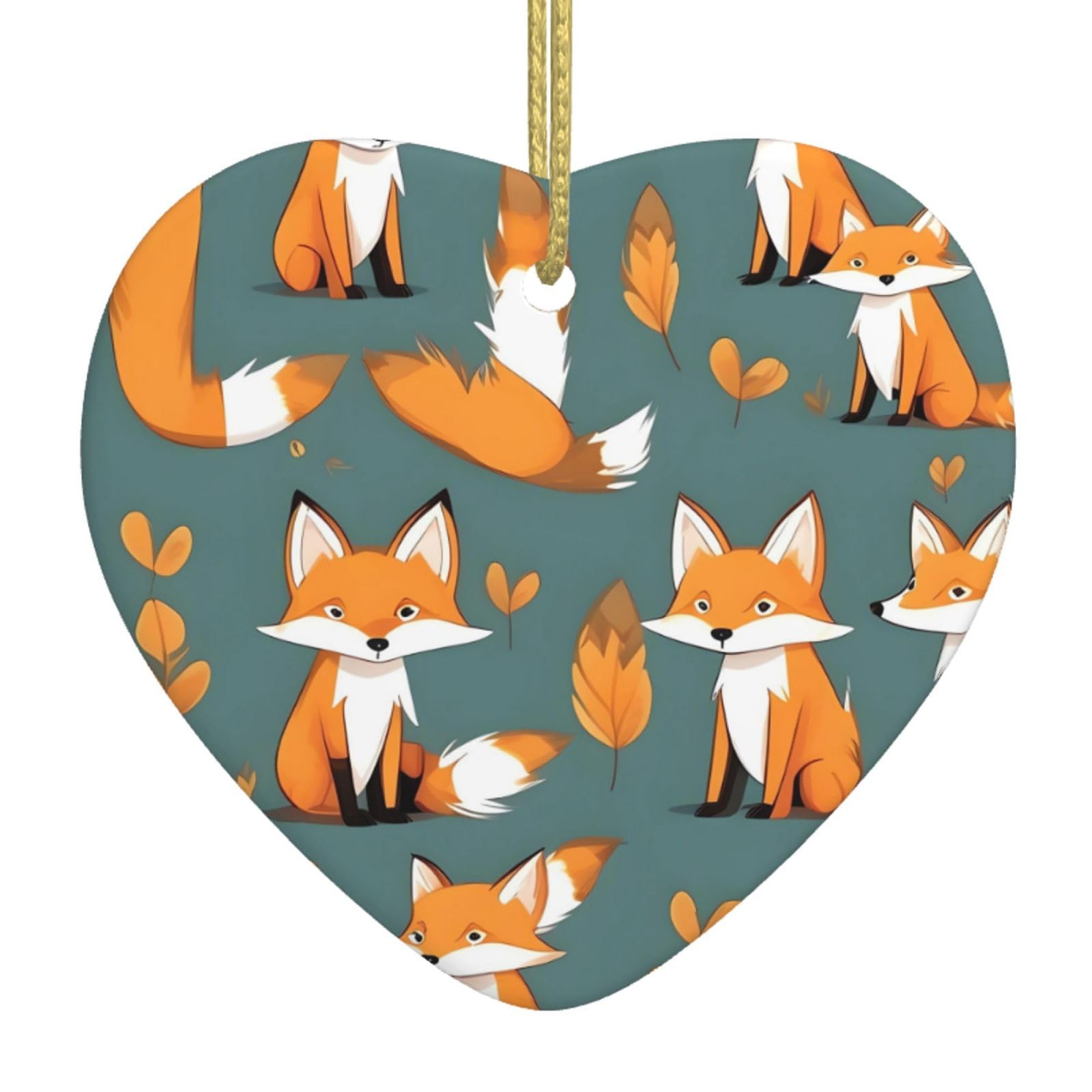 Yellow Fox Ceramic Christmas Heart Pendant with Silk Thread, Christmas Tree Home Decoration