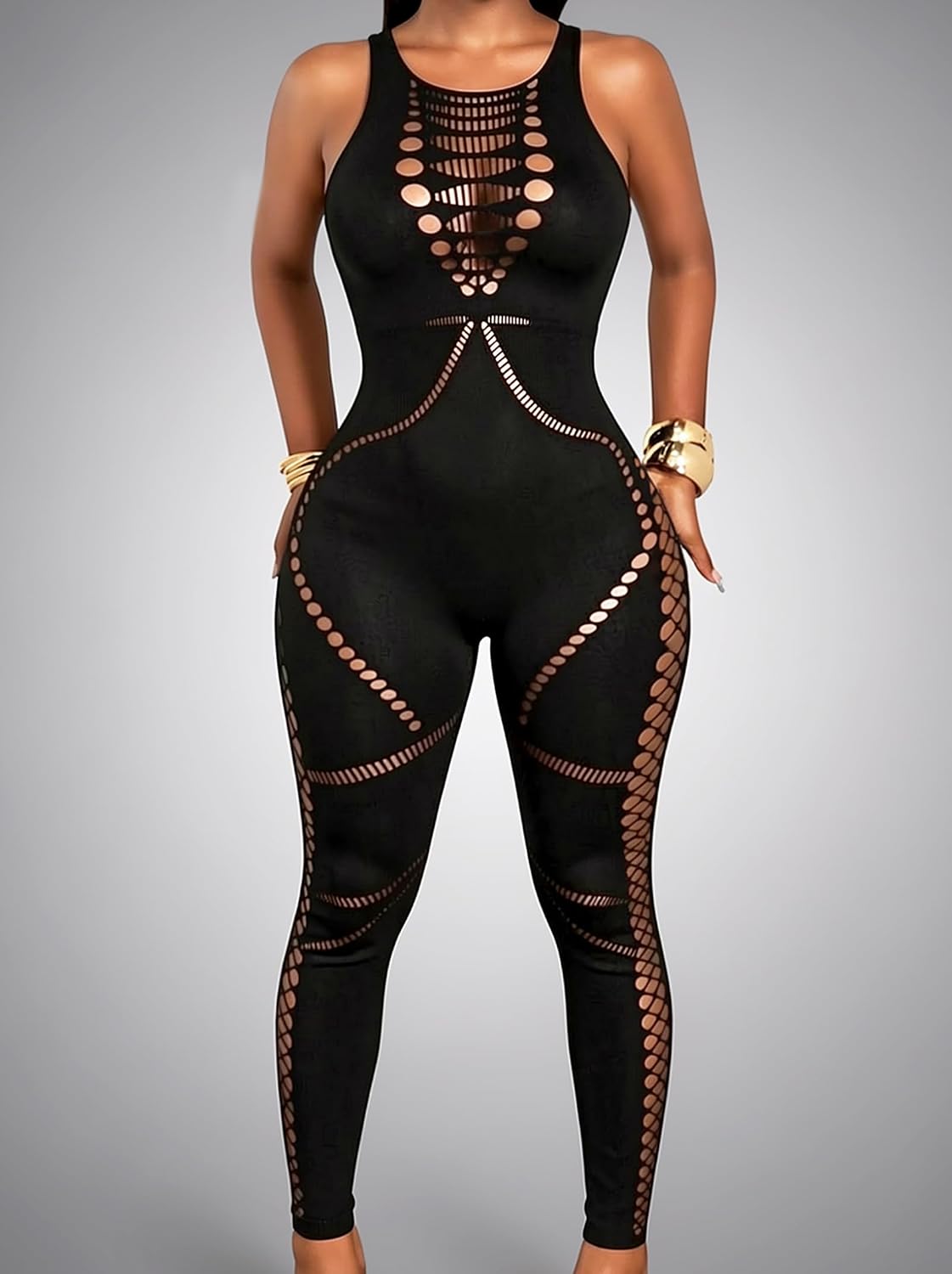 Sexy Jumpsuits for Women Going Out, Fishnet Club Outfits One Piece Black Bodycon Sleeveless Mesh Jumpsuit Rave Birthday