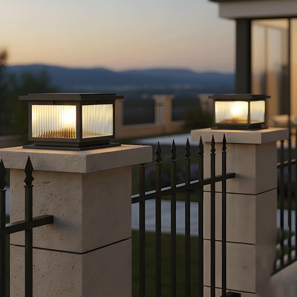 Solarne lampy słupkowe, zewnętrzna, wodoodporna, odlewana aluminiowa lampa kwadratowa z podstawą do montażu na molo, czarna latarnia tarasowa do ogrodu, na podwórko