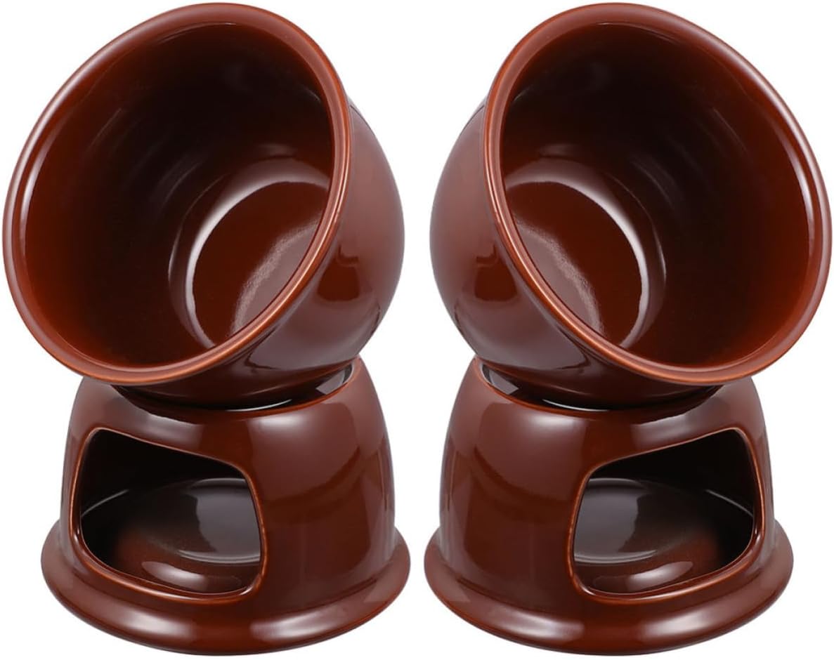 Generic 2pcs Ceramic Mini Fondue Pot Set for Cheese and Chocolate with Rapid and Even Heating, Portable Coffee-colored Chocolate Warmer Cups for Family Gatherings and Cafes