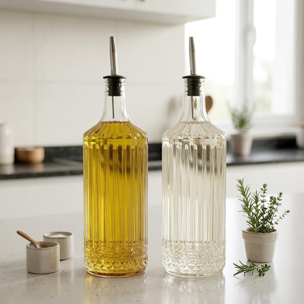 Deconox 2'li Pure Model Şeffaf Cam Yağdanlık Seti - Optikli (Çizgili) Tasarım, Paslanmaz Akıtmaz Uçlu Yağ ve Sirke Şişesi (750 ml x 2 Adet)