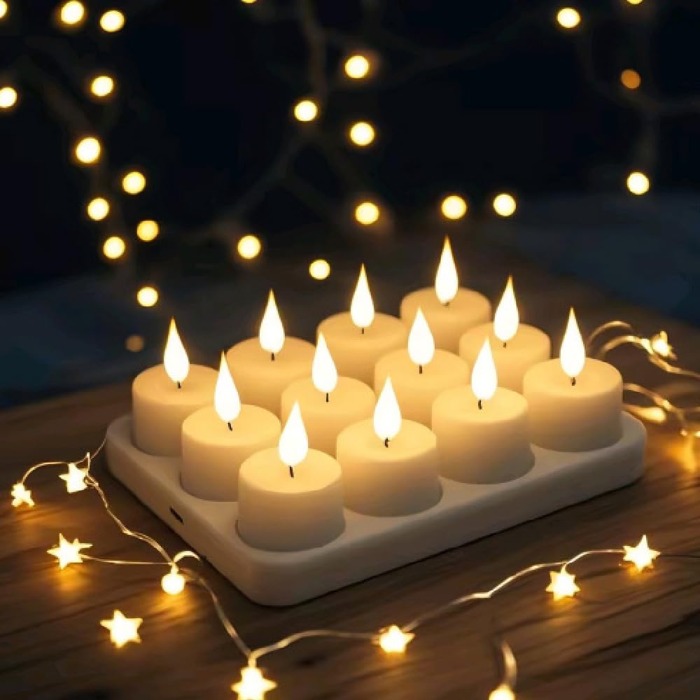 Lumini ricaricabili con telecomando e base di ricarica, 12 candele LED senza fiamma, funzionamento a batteria, candele votive a LED tremolanti con timer per Halloween, Natale, matrimonio