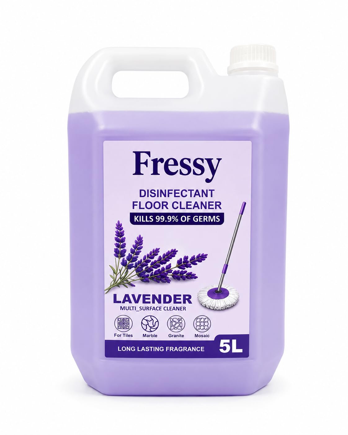 FRESSY Disinfectant Floor Cleaner Liquid 5L – Lavender Bloom Multi-Surface Cleaner for Bathroom, Tiles, Marble, Granite & Mosaic | Kills 99.9% Germs | Long Lasting Fragrance-image-11