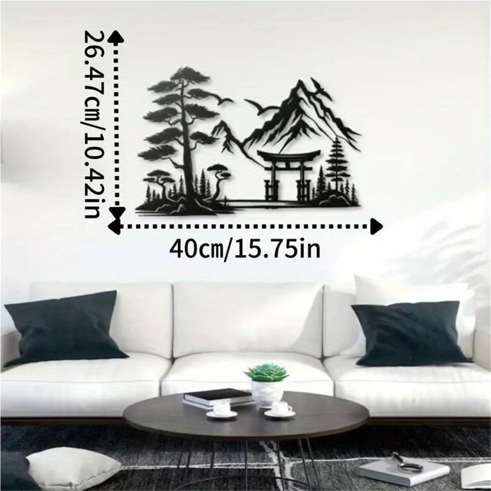 Japanisches Torii Tor aus Metall Wandskulptur mit gestreiftem Blumenmuster Zen Stil für Zuhause und Büro Asiatisch inspirierte Raumdekoration mit Naturmotiven (40 cm/15,74 Zoll)