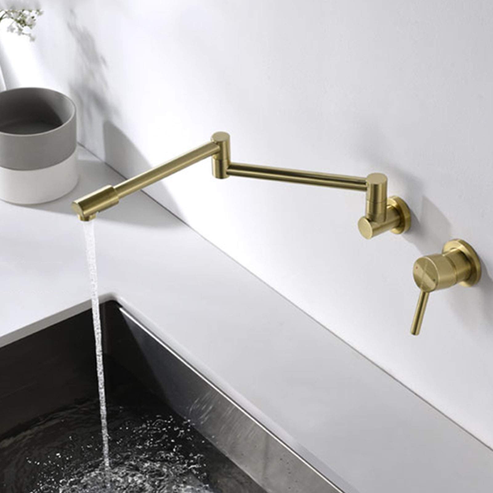 Rubinetto di riempimento per vaso a parete, design a doppio giunto snodato, rubinetto per lavello da cucina in ottone, miscelatore a due fori con maniglia singola, oro spazzolato