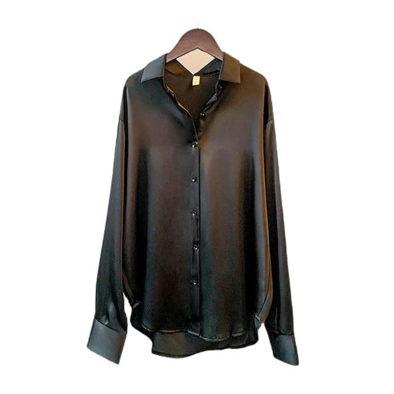 Camicie Bianche Larghe da Donna, Eleganti, a Maniche Lunghe, con Bottoni, con Colletto rovesciato, Eleganti Top da Donna-Nero-XXXL