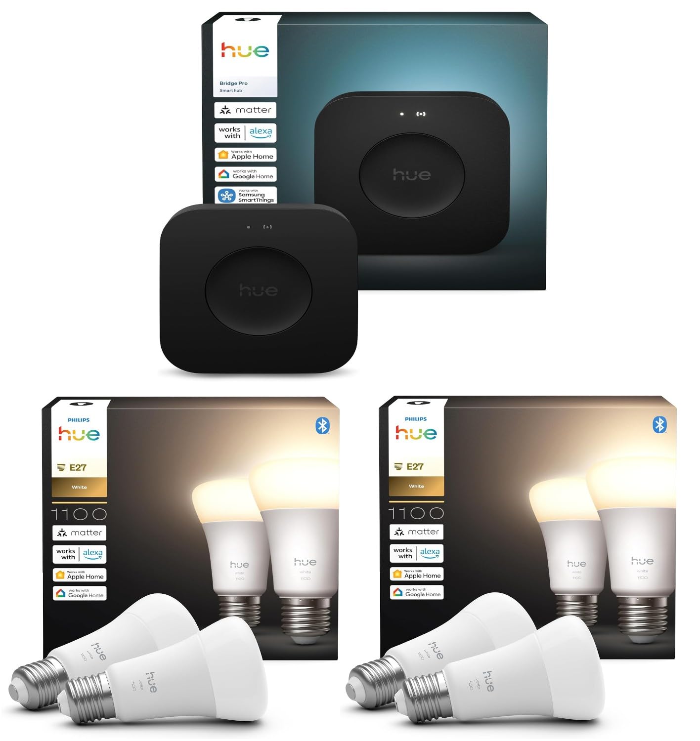 Philips Hue Bundle – 2X Twin Packs White 1100 A60 E27 Smart Bulbs (4 Bulbs) + Hue Bridge Pro Smart Hub | Wireless Smart Lighting, Voice Control, Works with Alexa & Google Home