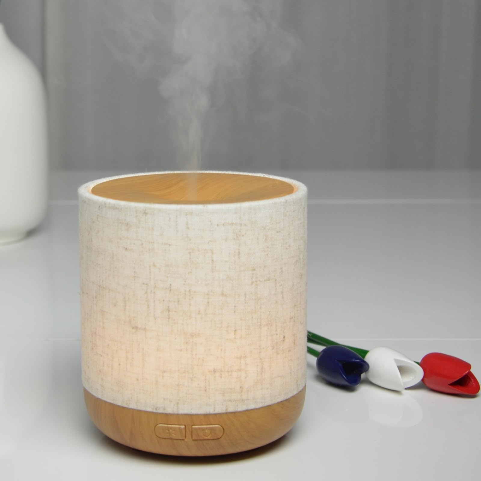 Zen'Aroma Difusor ultrasónico Alesia - Difusión de Aceite Esencial en frío Aromaterapia - Diseño Original, Carcasa de Lona de Lino y Revestimiento de Color Madera - difusión + iluminación