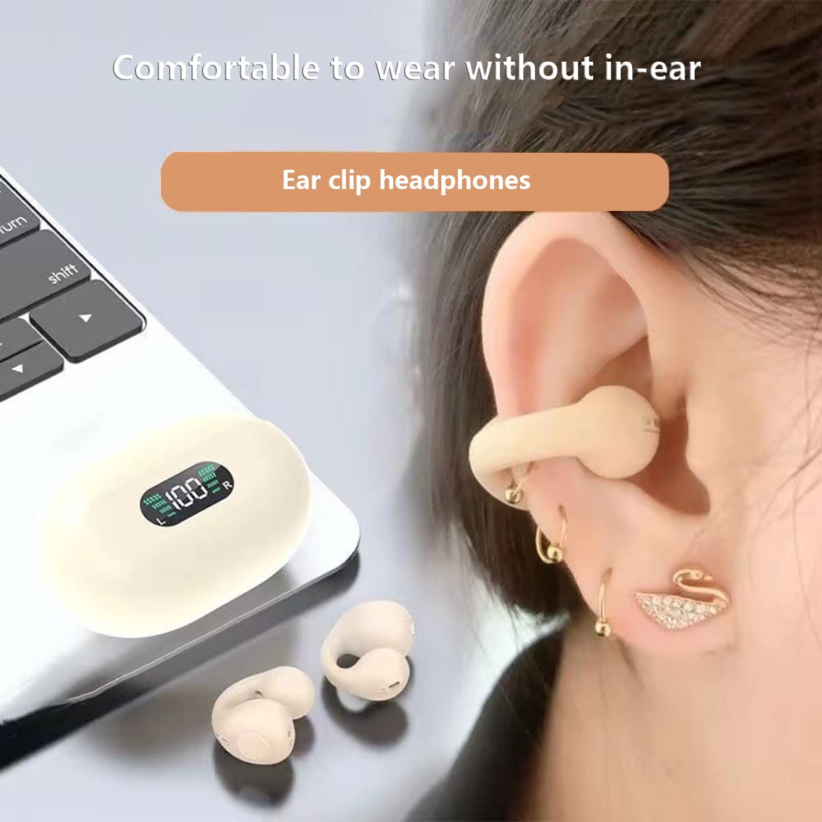 Bezprzewodowe słuchawki douszne z klipsem do przewodzenia kostnego, otwarte nauszniki, Bluetooth 5.3, mini klips na słuchawki sportowe, bezbolesne, bezprzewodowe słuchawki Bluetooth, do biegania, jazdy samochodem, treningu, wyświetlacz baterii LED, khaki