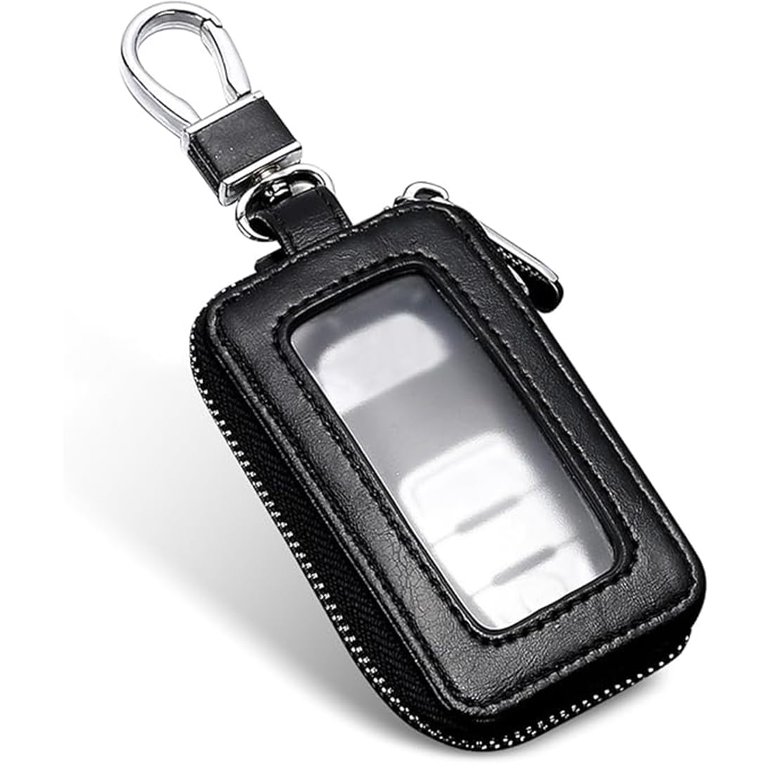 LONZIKP Funda de Llavero de Coche Cuero PU Autoschlüsselhülle Gancho de Metal Anillo de Llaves Cremallera Protectora para Hombres y Mujeres (Ventana Transparente)