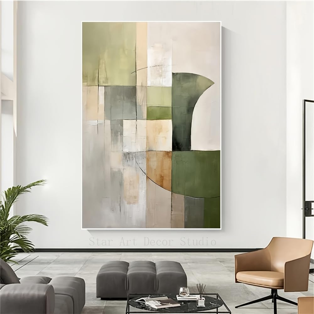 IHHGNB Geometric Color Blocks Pieced Together Painting on Canvas Prints Poster Gray Green and Brown Tones Wall Painting(70x100cm(28x39in)/No frame)