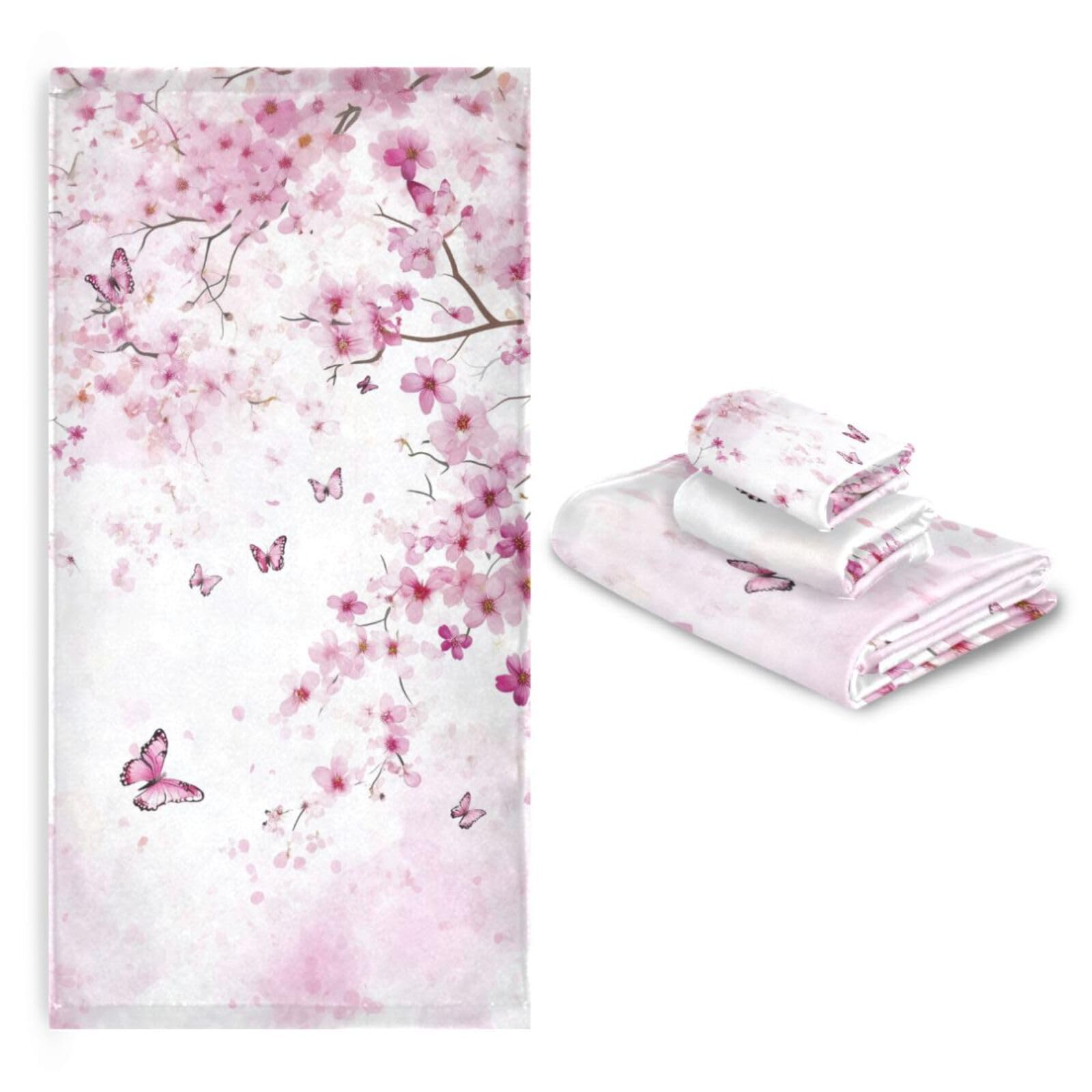 Naanle Beautiful Pink Cherry Blossoms with Petals Soft Luxury Decorative Set of 3 Towels, 1 Bath Towel+1 Hand Towel+1 Washcloth, Multipurpose for