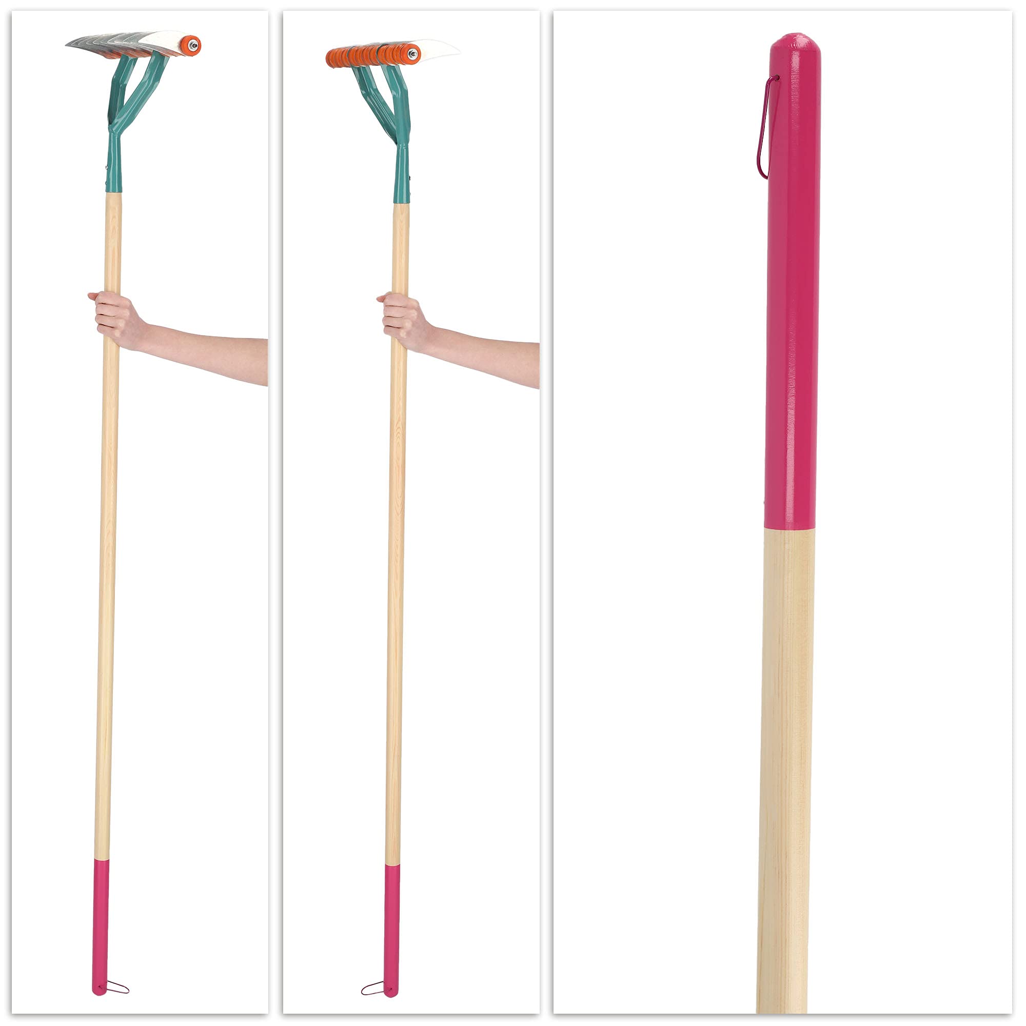 KADAX Vertikutierer, 168cm Handvertikutierer mit Holzsteil, Schneidrechen mit Stahlklinge, Rasenlüfter für Garten, Beete und Rasen, Kultivator, Gartenzubehör