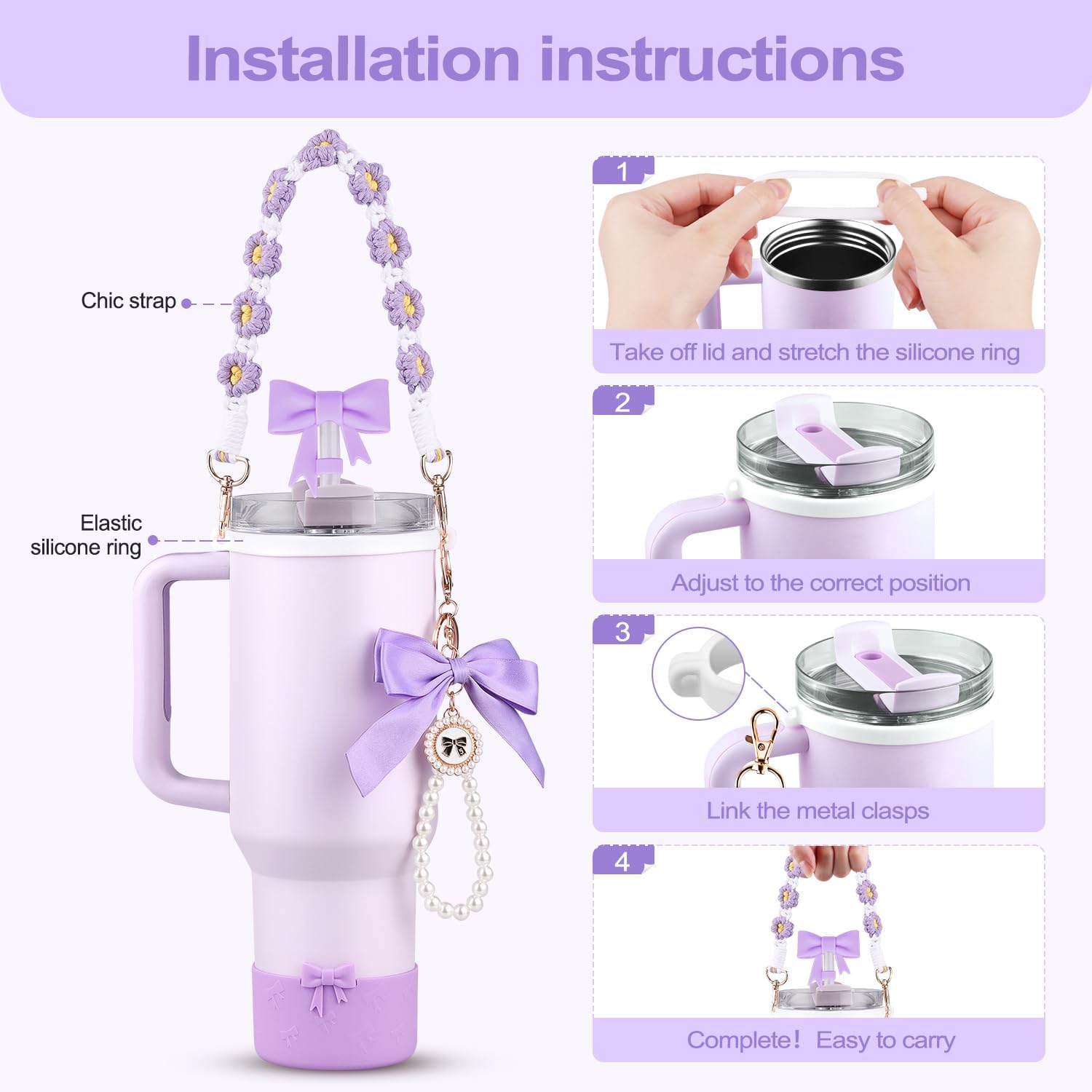 Water Bottle Accessories Set for Stanley Cup,Including Water Bottle Handle Strap, Siliocne Boot, Cute Bow Straw Cover, Pearl Charms, Straw Topper for 40oz & 30oz Tumbler for Women (Purple) - Image 6