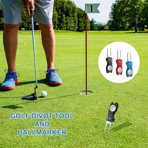 3 Stück Golf Pitchgabel Set - Robuste Edelstahl Faltbare Pitchgabel Golf in Schwarz Rot Blau,Tragbares Golf Reparaturwerkzeug für Green, Divot, Golfplatz, Ballmarkierung, Zubehör Geschenk für Golfer
