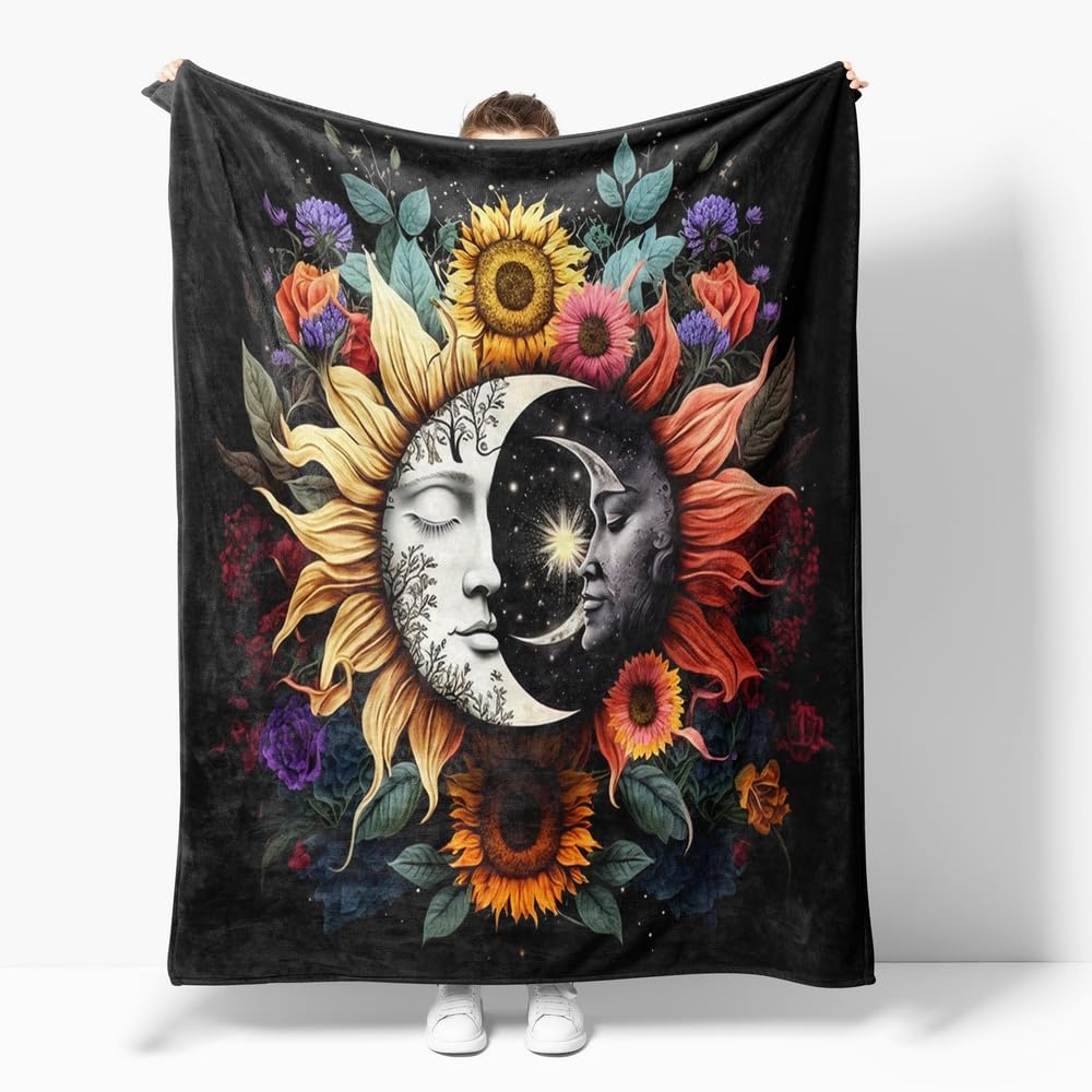 Reateforin Celestial Sun Moon Flannel Blanket Boho Mid Century Day and Night Throw Blanket Farmhouse Colorfl Sunflower Throw Blanket Bed Blanket