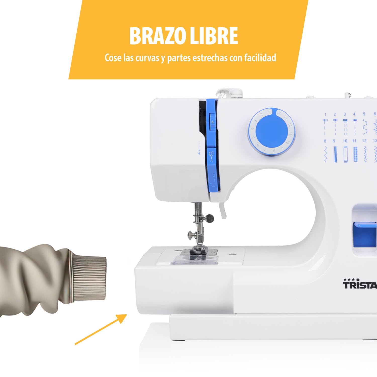 Tristar Máquina de Coser, 14 Puntadas, Ojal en 4 Pasos, Brazo Libre, Luz LED, Costura Inversa, Enhebrado Automático, Cortahilos, Incluye Funda Protectora, SM-6003