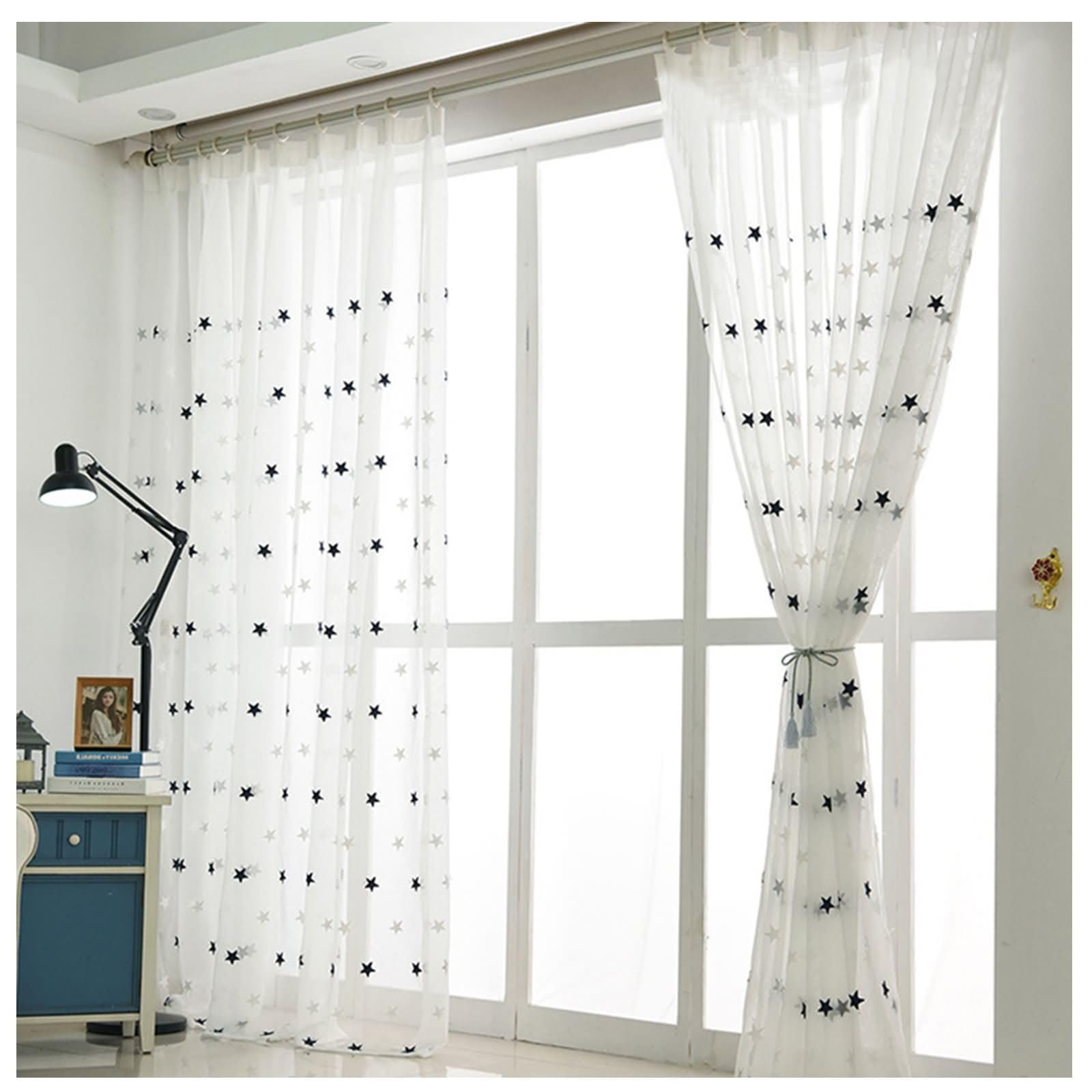 Cortinas semitransparentes de gasa azul con acabado de estrellas de alta gama
