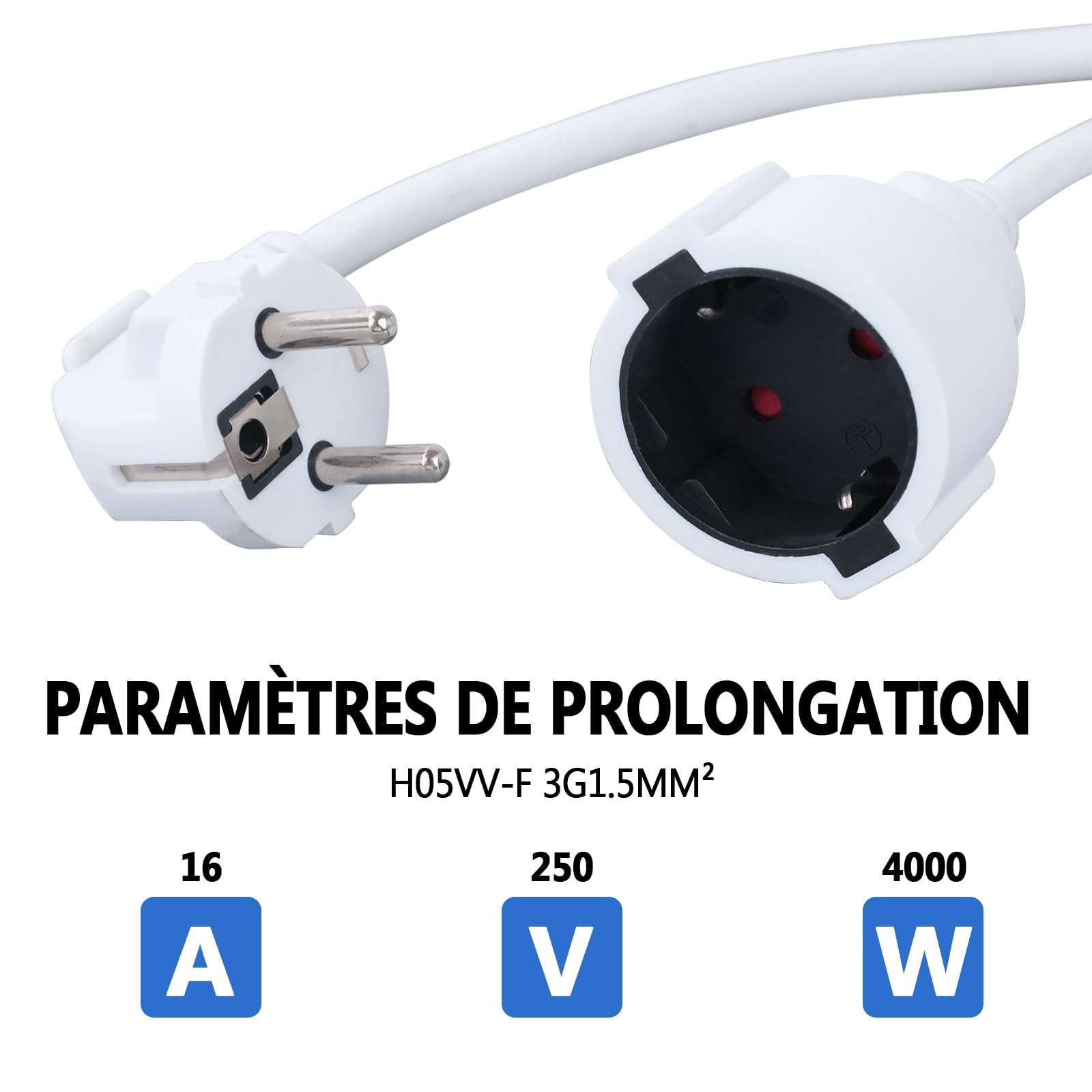 EnergyPro Rallonge Électrique IP44 3 m – Lot de 2 – Câble PVC Anti-Surchauffe avec Clip de Rangement – H05VV-F 3G1,5mm², 16A/250V, 4000W – Intérieur/Extérieur – Blanc