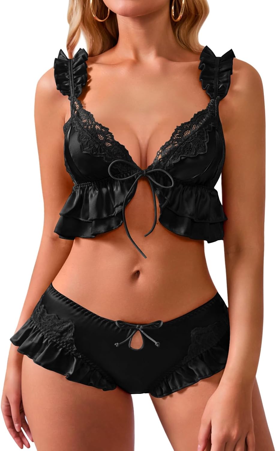 Kolagri Womens Satin Lingerie Sets Sexy Bra and Panty Set Silk Pajamas | Lace Bow Tie Front, Bridal Lingerie, 2 Piece, Pjs Set, Sleepwear, Wedding Lingerie for Bride