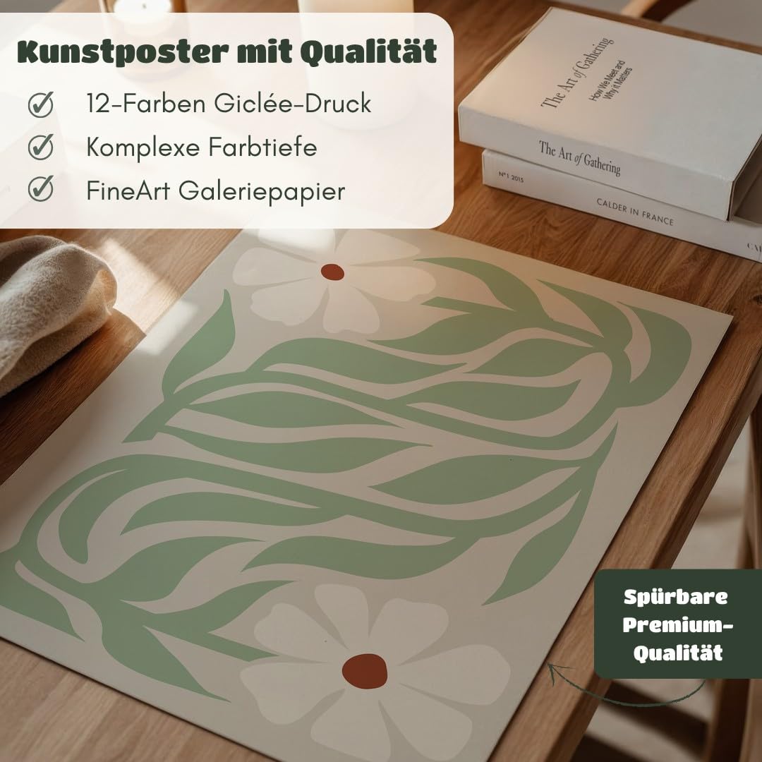 MJ-GRAPHICS® Blumen Poster Kunstdruck dekorativ Wandbild floral minimalistisch Weiß Grün Wohnzimmer Deko einladend erfrischend für stilvolles Ambiente A2 mit beigem Rahmen
