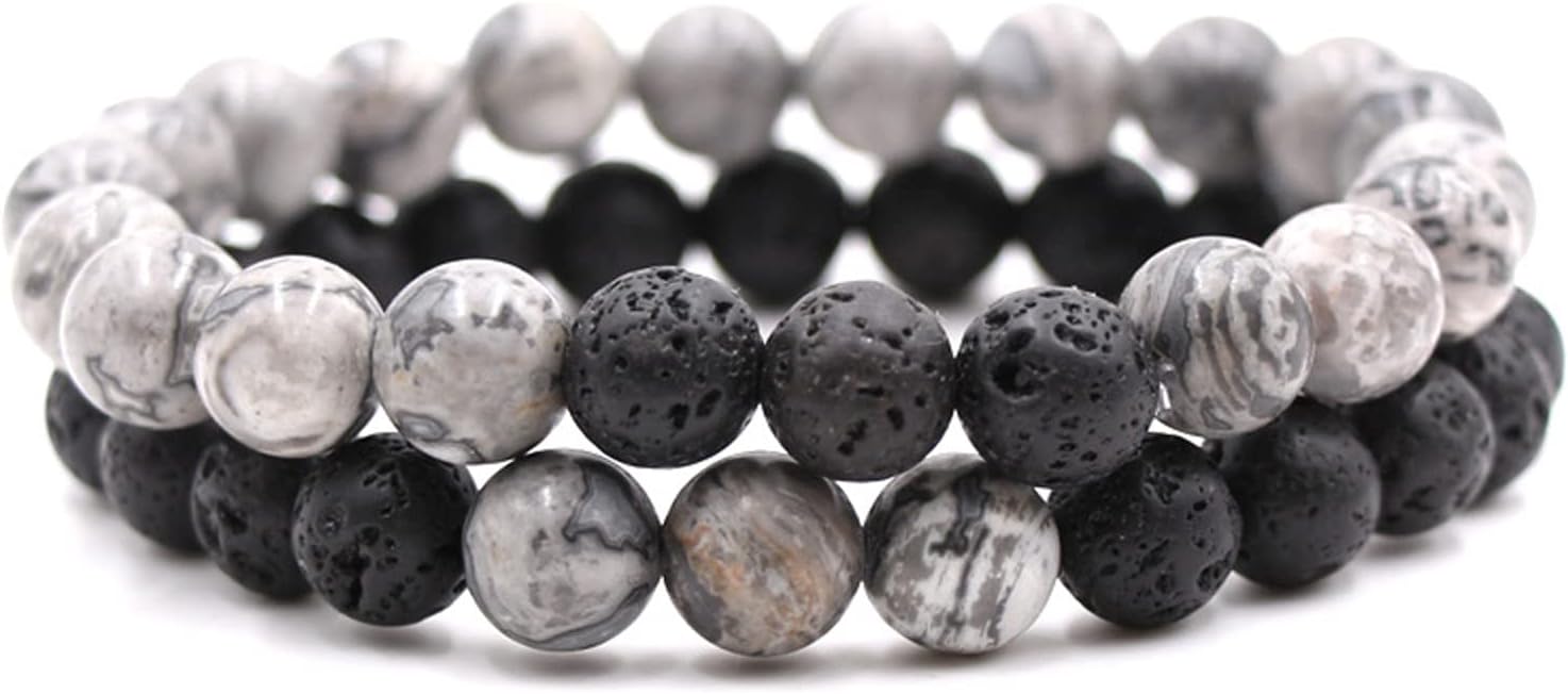Caiyao 2Pcs Matte Lava Rock Volcanic Stone Beads Stretch Bracelet Stacking Essential Oil Diffuser Tiger Eye Seed Energy Yoga Bracelet for Men Women Couple Stress Relief Healing Aromatherapy Jewelry
