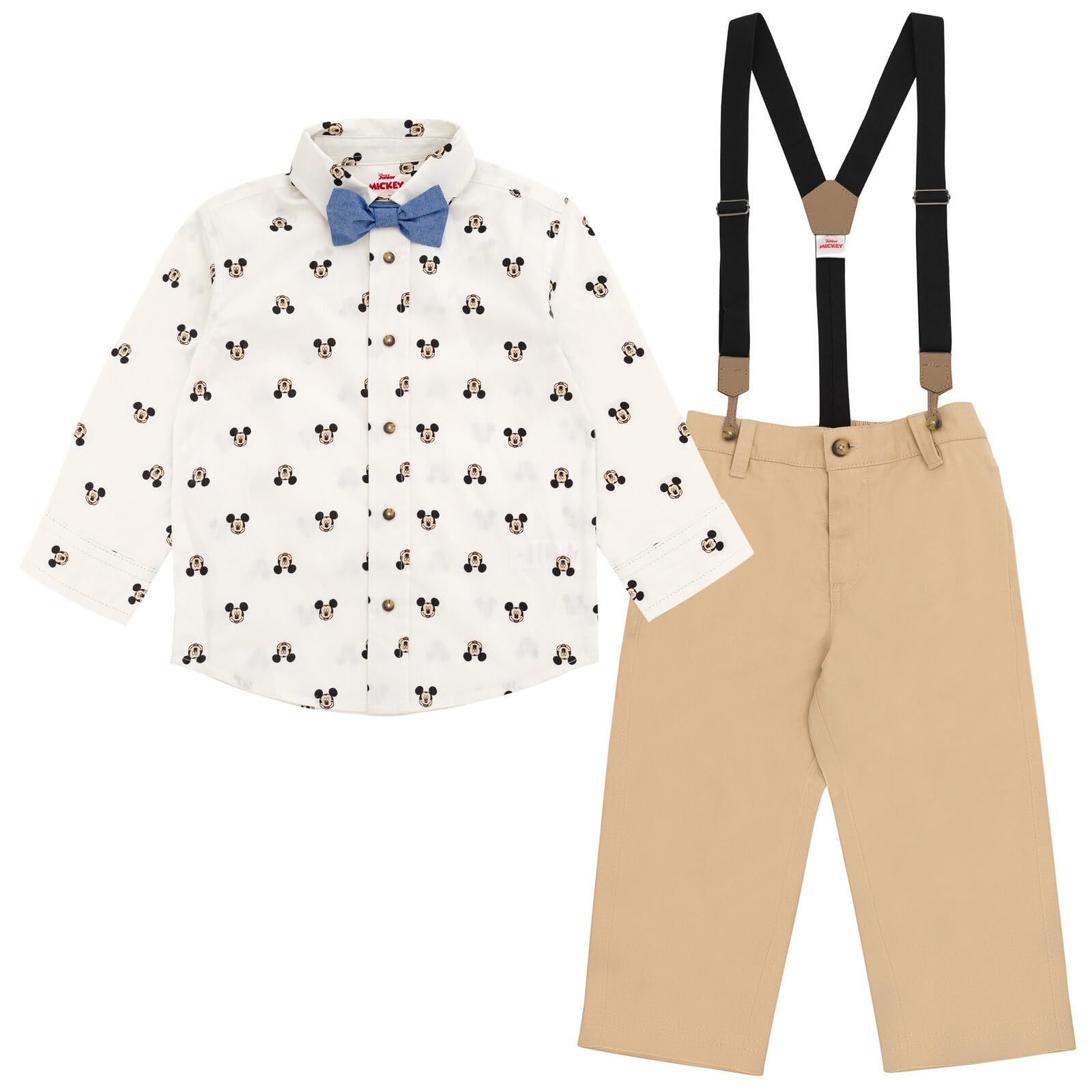 Disney Mickey Mouse Infant Baby Boys Button Down Shirt Twill Shorts Suspenders and Bow-Tie 4 Piece Outfit Set 18 Months
