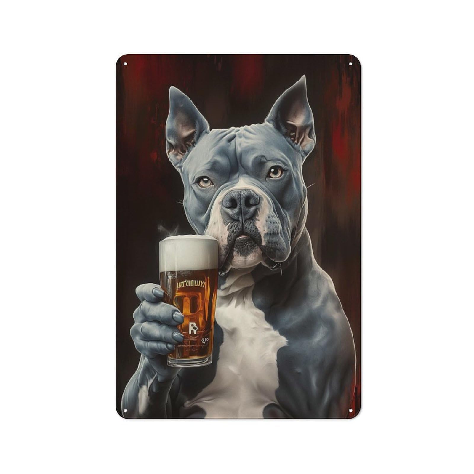 Junmoney Pitbull Dog Holding Beer Tin Sign 30X20cm With For Workshop Wall, Vintage Decor, Gift For Workshop Decor Fans During The Christmas Season