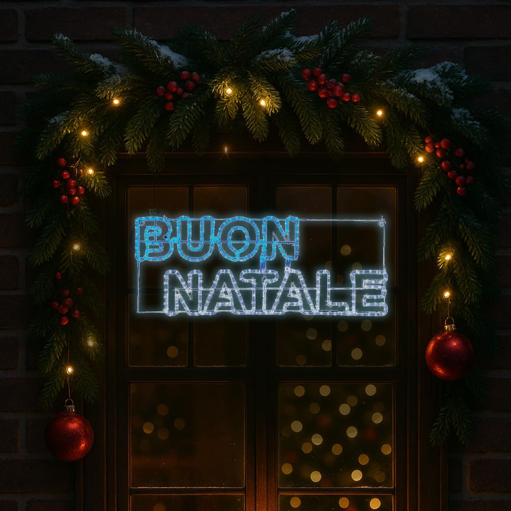 Insegna Luminosa - 324 LED, Neon, Scritta “Buon Natale”, Colore Bianco Ghiaccio, Blu, Cavo da 1,4 mt - Uso Interno/Esterno