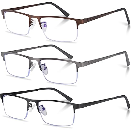 Anourney 3-Pack Reading Glasses for Men, Lightweight Metal Half Frame Blue Light Blocking Computer Readers, Stylish Filter UV Ray/Computer Glare with Spring Hinge Eyeglasses(3PCS Mix Color,+2.5)
