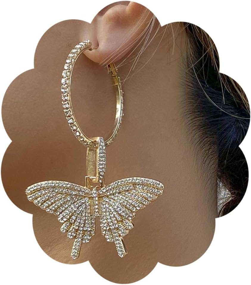 Large Butterfly Hoop Dangle Earrings Sparkly Rhinestone Butterfly Earrings Fashion Round Circle Open Hoop Dangle Earrings for Women Girls