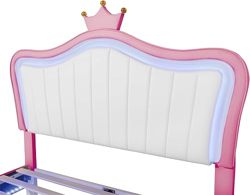 Miniatura 5 de Cama de princesa tapizada moderna de tamaño matrimonial con cabecero de corona y luces LED, plataforma de madera sintética con soporte de listones y