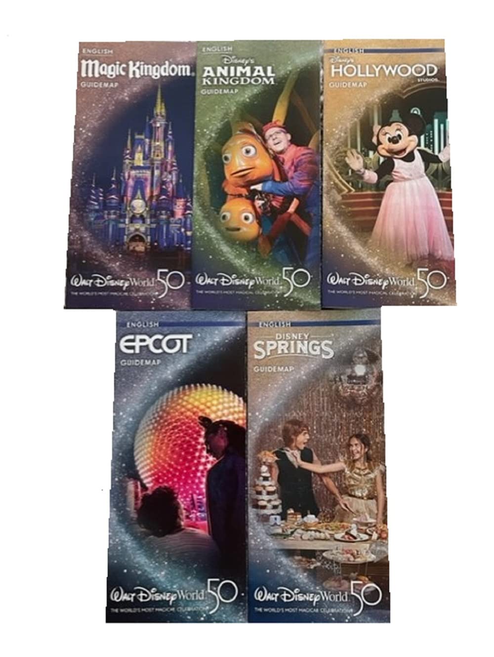 Disney Parks 50th Anniversary Guide Map Information Brochures Set of (5) Magic Kingdom Epcot Animal Kingdom Hollywood Studios Disney Springs