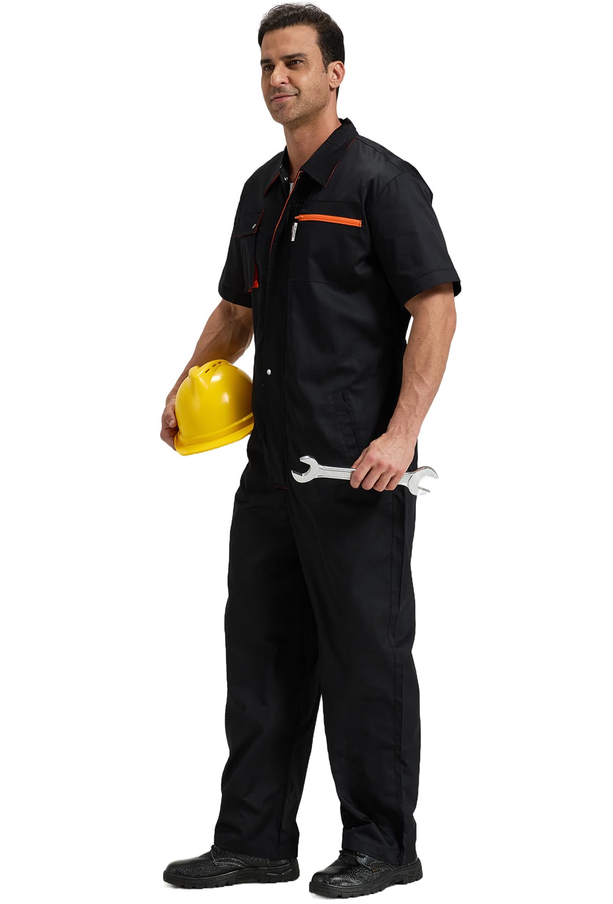 Herren Arbeitsoveralls Kurzarm Arbeitskleidung Leicht Arbeitsanzug Atmungsaktiv Reißverschluss Overalls Sommer Arbeitskombi, Schwarz, XL