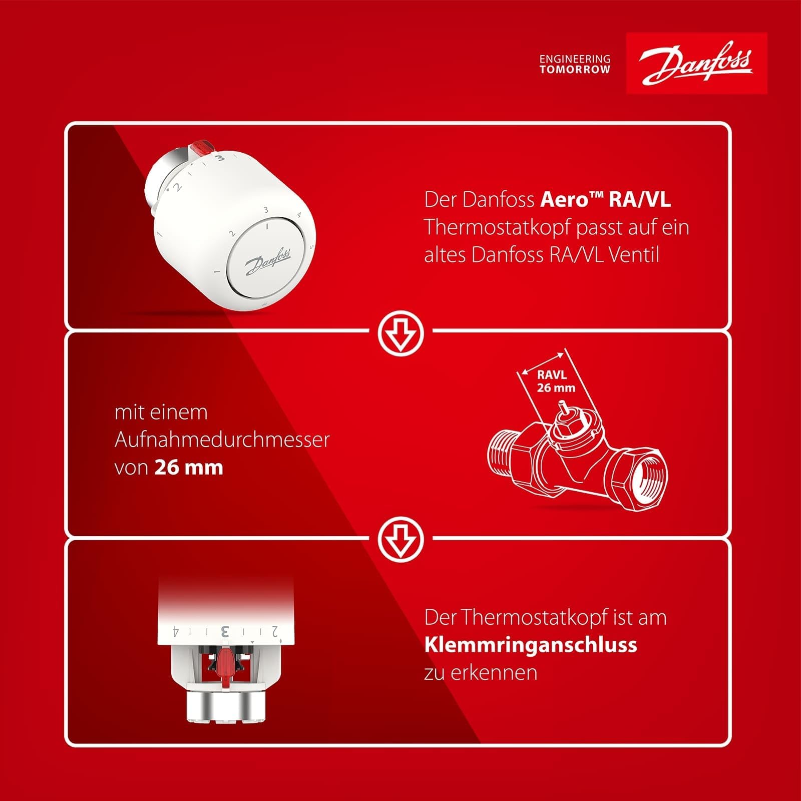 Danfoss Aero RAVL click, Thermostatkopf mit eingebautem Sensor, 26 mm Halsdurchmesser