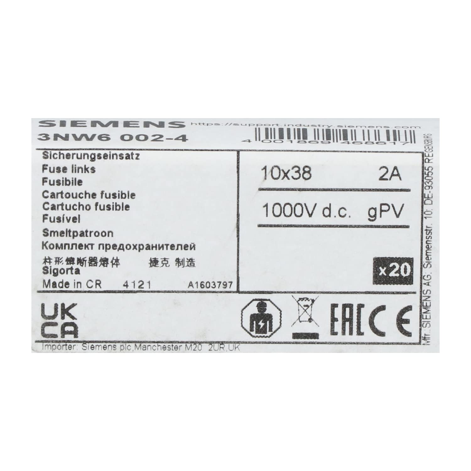 Siemens sentron – Fusibile cilindrico 10 x 38 mm 1000 V 2 A GPV per fotovoltaica