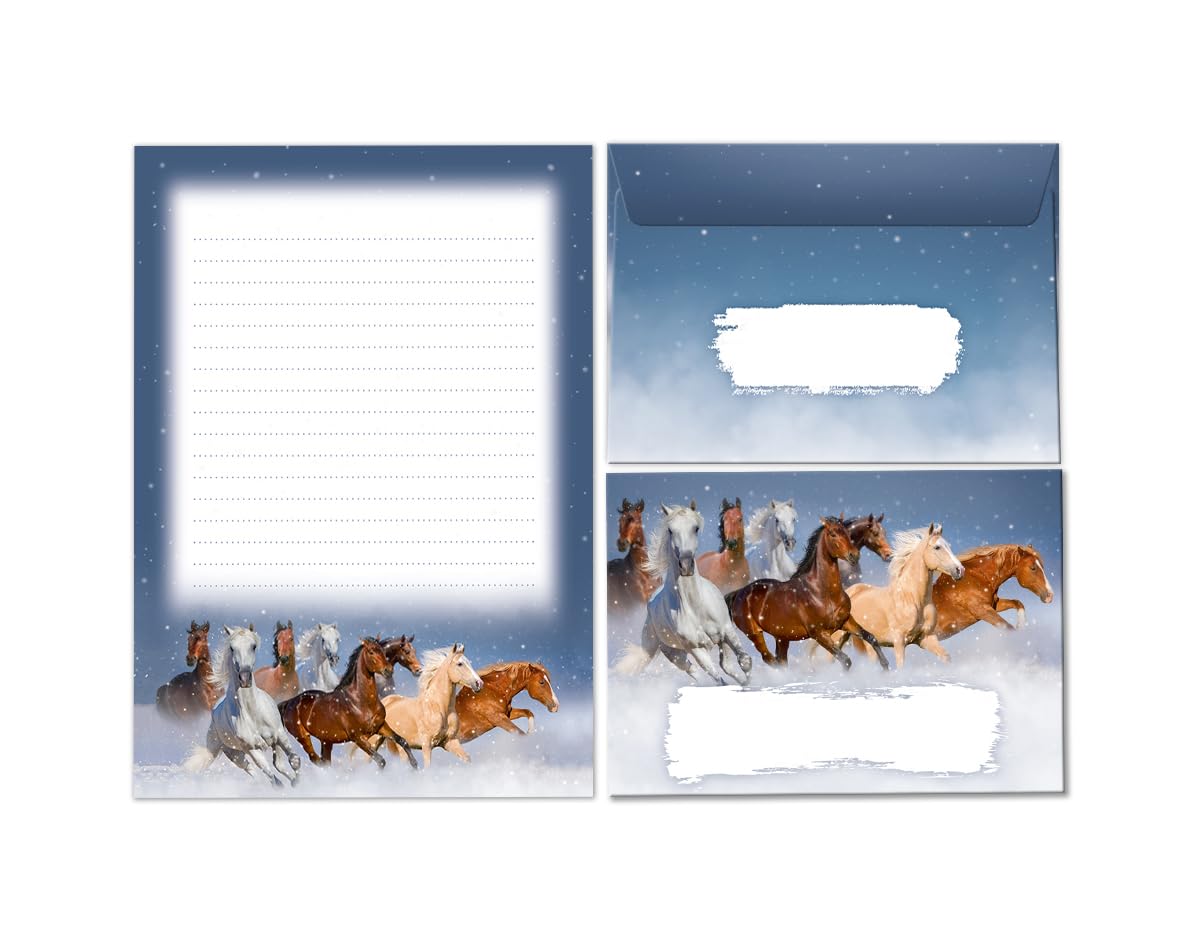 Briefpapier-Set Briefblock mit Umschlag für Mädchen Kinder Pferde blau Kindermotiv Briefbögenblock liniert (Block A5 mit 25 Blätter + 15 Umschläge)