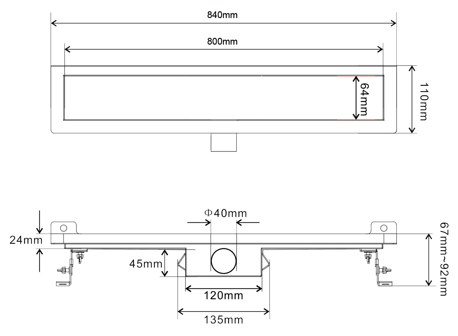 Elbe Caniveau de douche en acier inoxydable 80 cm Modèle en 3 fentes RN-K080A