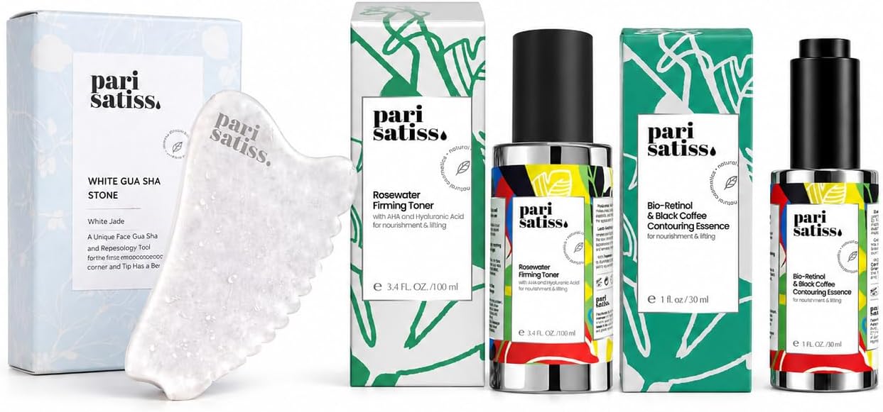 3-Step White Jade Gua Sha Ritual Set - Gentle Jade Tool, Rose Water Hydrating Toner & Bio-Retinol Bakuchiol Essence for Hydrate, Treat & Sculpt Sensitive-Skin Routine