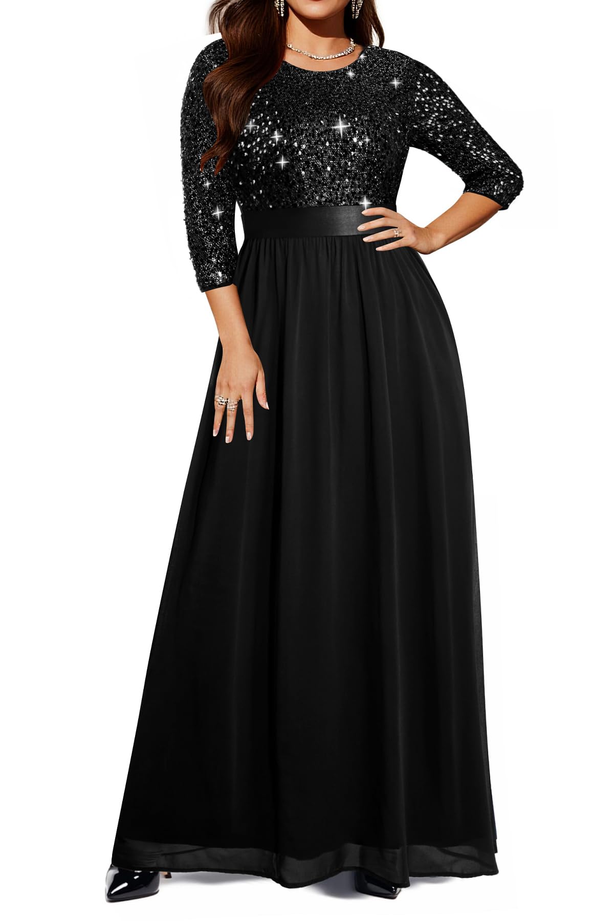 Women's Plus Size Formal Lace Chiffon 3/4 Sleeve V-Back Wedding Evening Party Maxi Dress